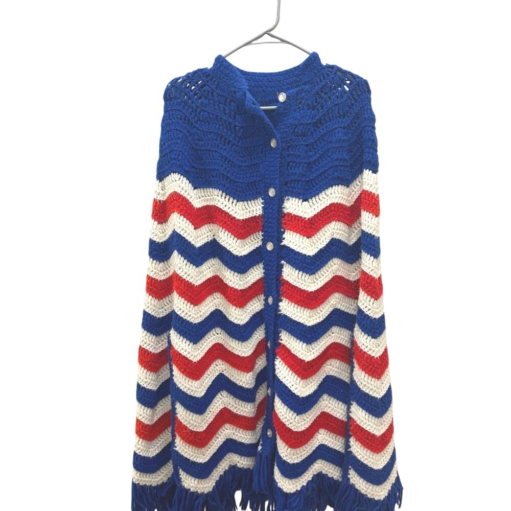 Vibrant Chevron Button-Up Women's Poncho knitted crochet handmade